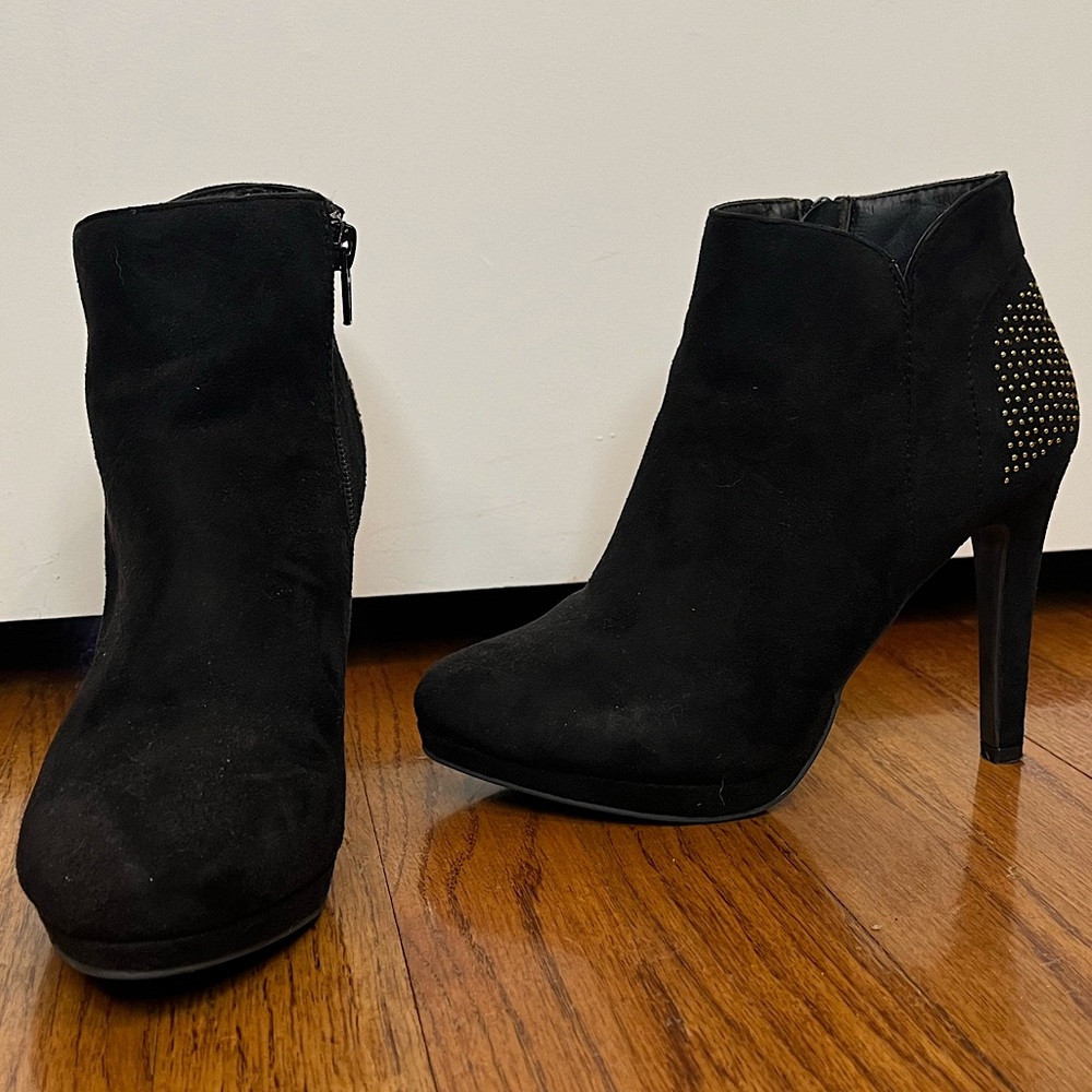 Worn Once! Black Suede Bootie Stiletto Heels with Gold Detailing on Heels